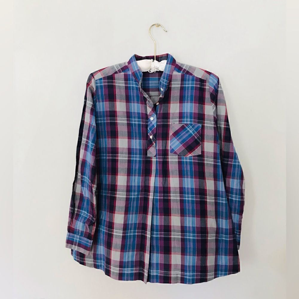 Vintage Plaid Henley Blouse in Blue and Purple